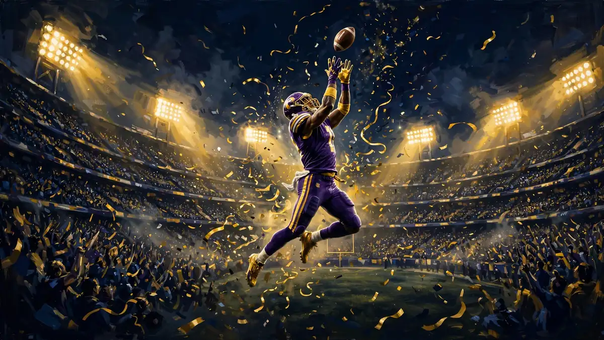 Illustrated night stadium scene of a Vikings-style receiver making a leaping catch under floodlights, for Justin Jefferson net worth 2026
