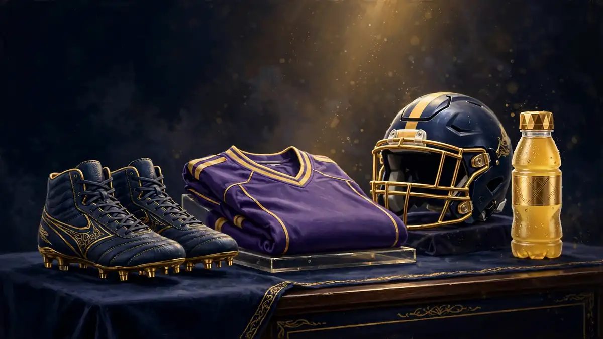 Illustrated premium athlete endorsement display with football cleats, jersey, helmet and sports drink for Justin Jefferson net worth 2026