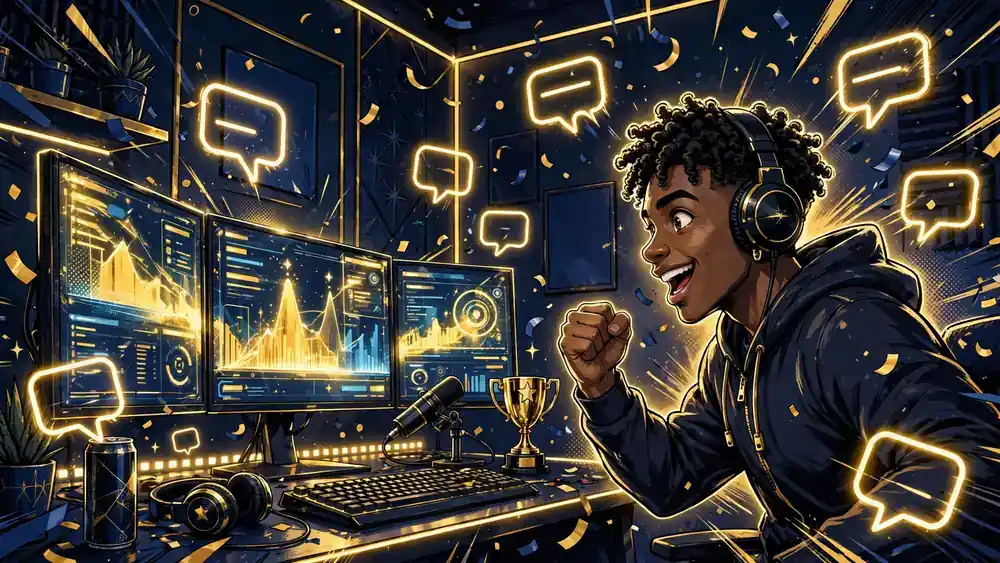 Illustration of a streamer celebrating a record-breaking livestream in a gold-and-navy studio