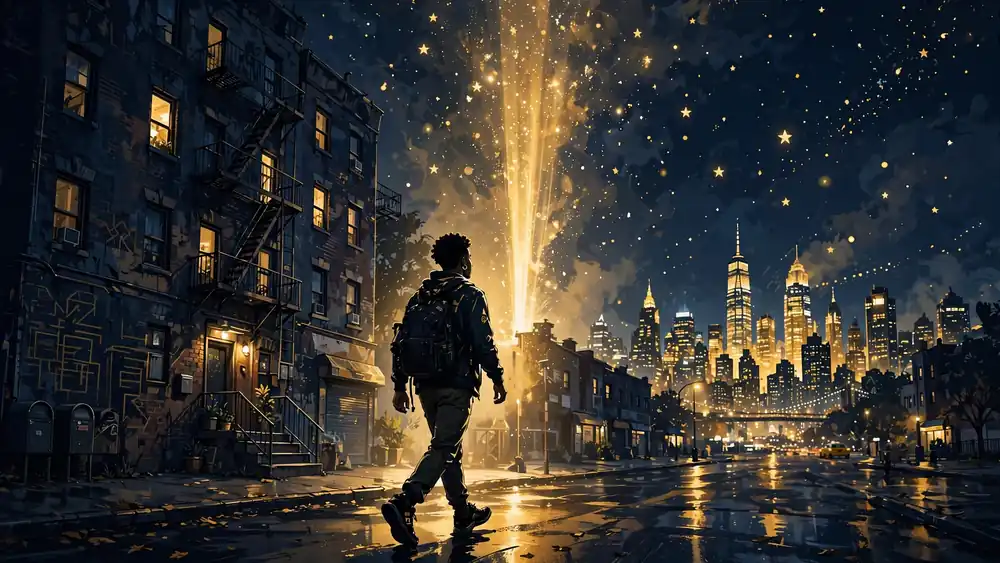 Illustration of a young creator walking from a Bronx street toward the New York skyline at night