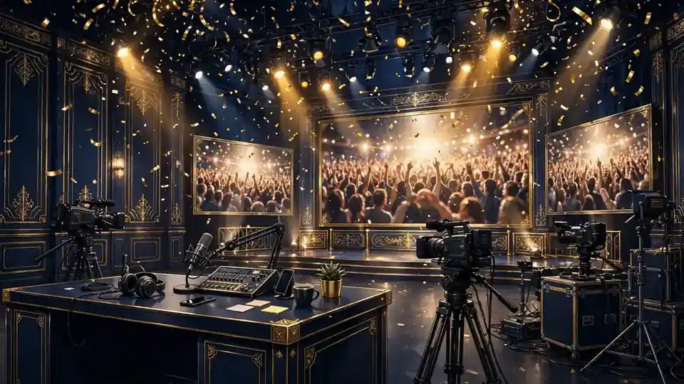 Illustrated grand streaming stage during a 30-day marathon livestream with dramatic lighting and cheering crowd screens, representing Kai Cenat's Mafiathon events