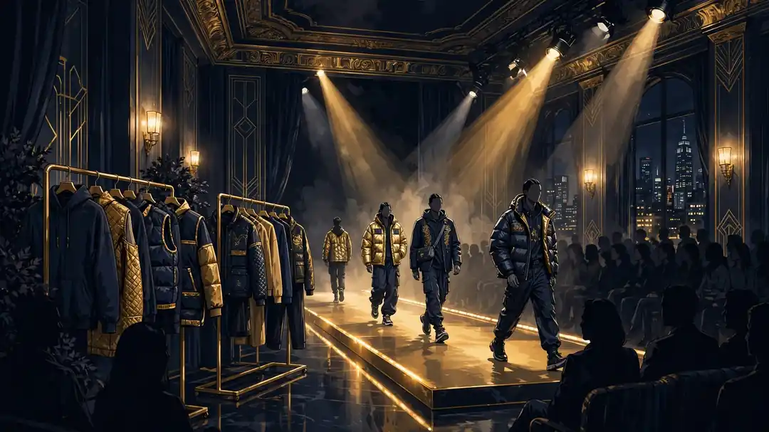 Illustrated high-fashion runway show in a Manhattan venue with models walking a gold-lit catwalk, representing Kai Cenat's Vivet brand debut at New York Fashion Week