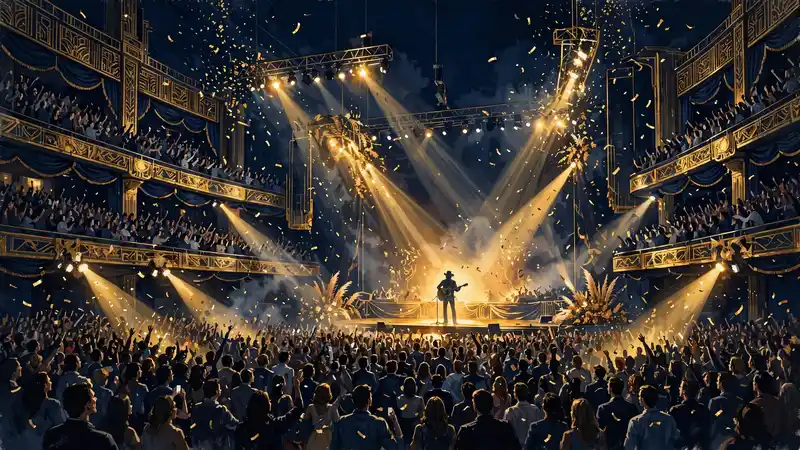 Illustration of Kane Brown performing on a packed arena stage during the High Road tour, gold lights and confetti