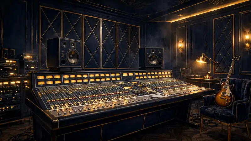 Illustration of a luxury recording studio mixing console with a guitar, representing Kane Brown's recorded catalog and 1021 Entertainment label