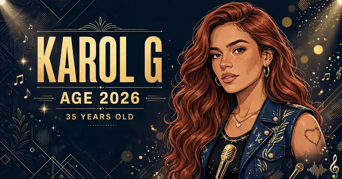 Karol G age 2026 — stylized illustrated portrait, 35 years old