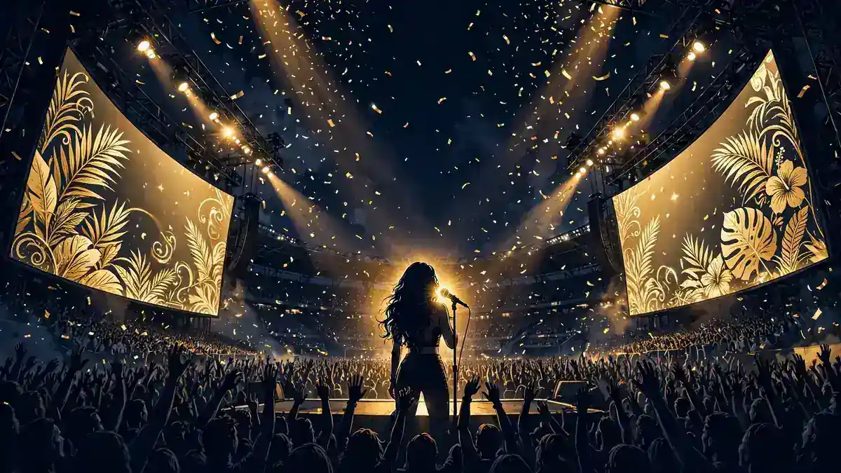 Illustration of Karol G performing on a packed stadium stage with golden tropical LED screens