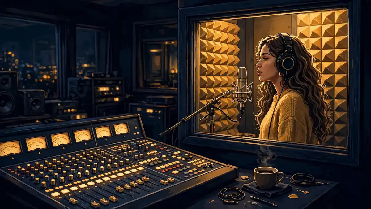 Illustration of a young Latina singer recording in a studio vocal booth at night