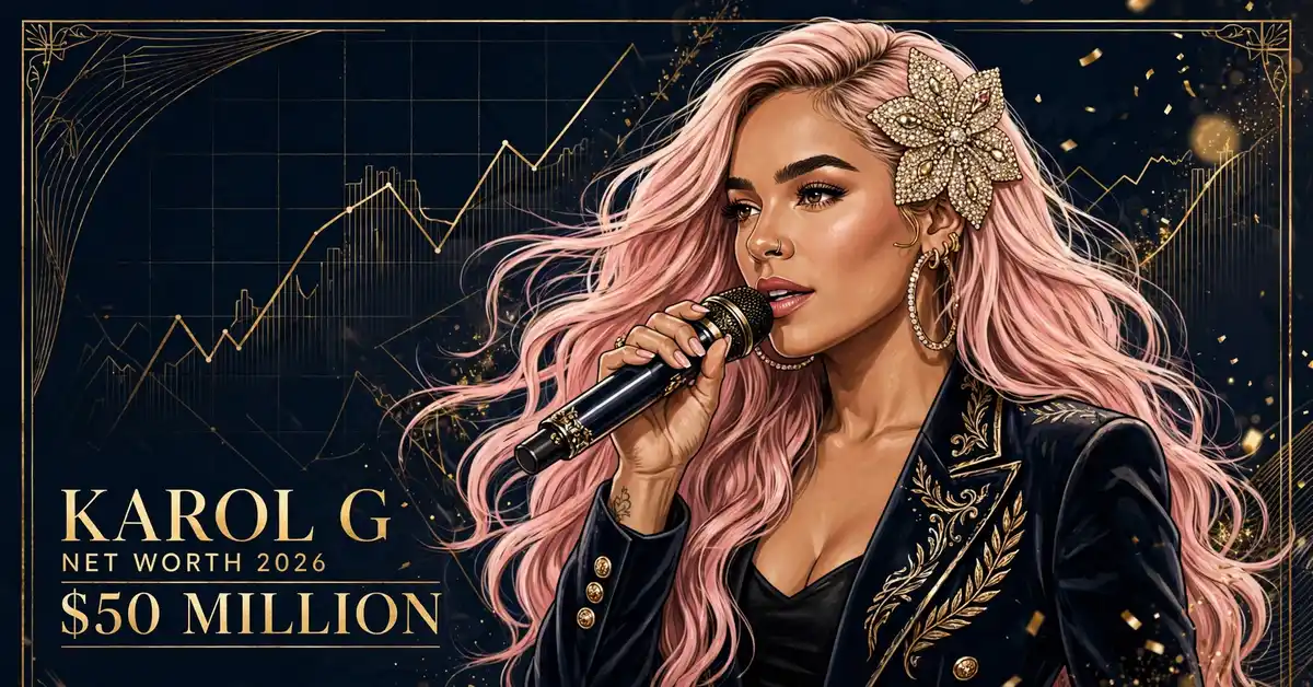 Karol G net worth 2026 — stylized illustrated portrait of the Colombian singer with KAROL G NET WORTH 2026 $50 MILLION text
