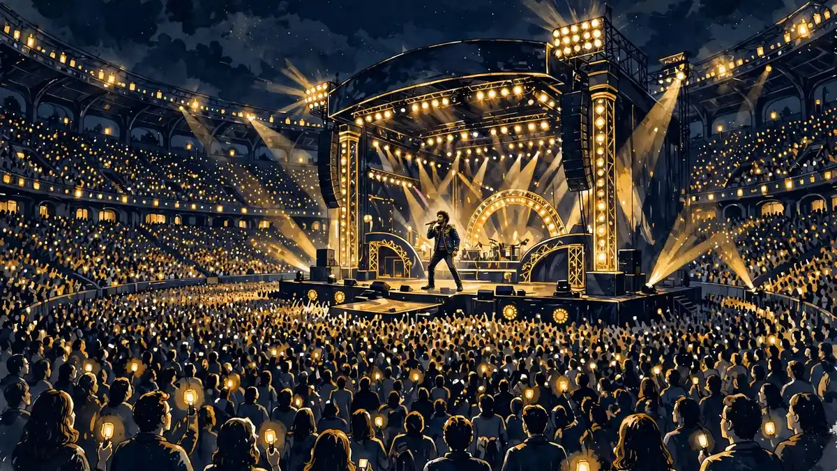 Illustrated stadium concert at night with a singer on a huge golden-lit stage before a massive crowd, in dark navy and gold tones