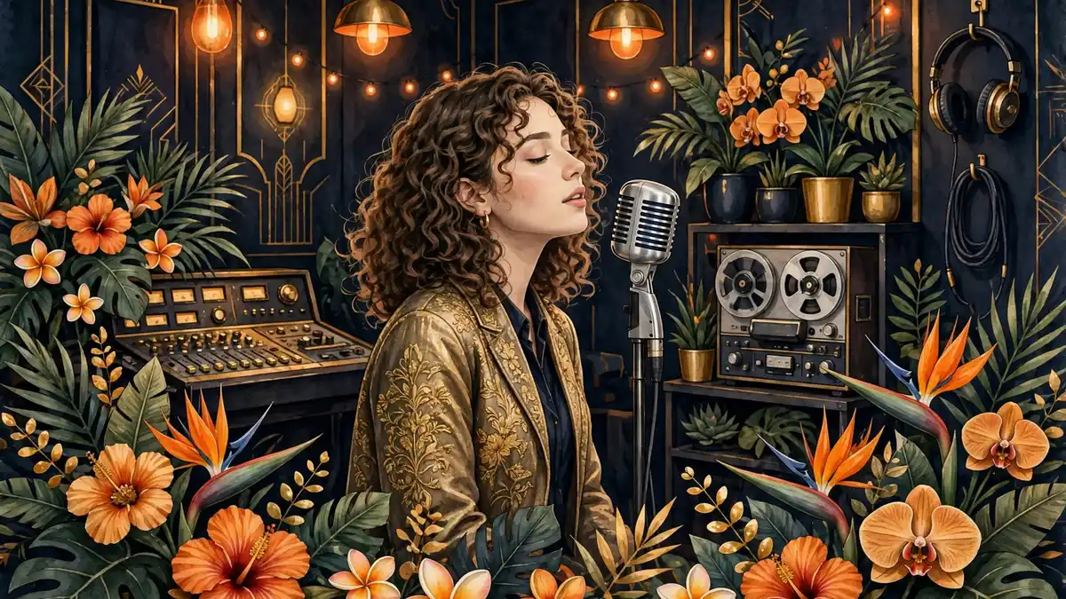 Illustrated recording studio with a singer at a vintage microphone among tropical flowers and warm orange accents, in dark navy and gold tones