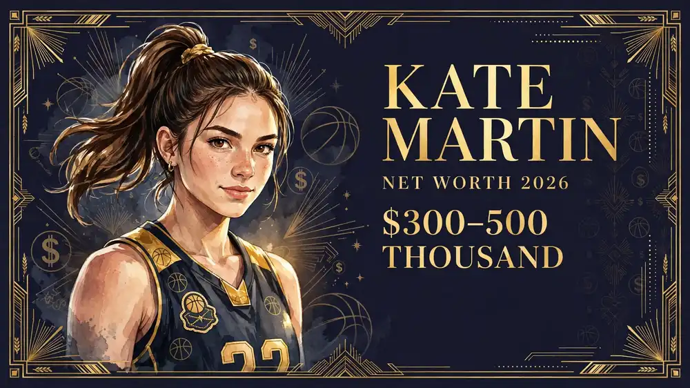 Kate Martin net worth 2026 — estimated $300,000 to $500,000 fortune infographic