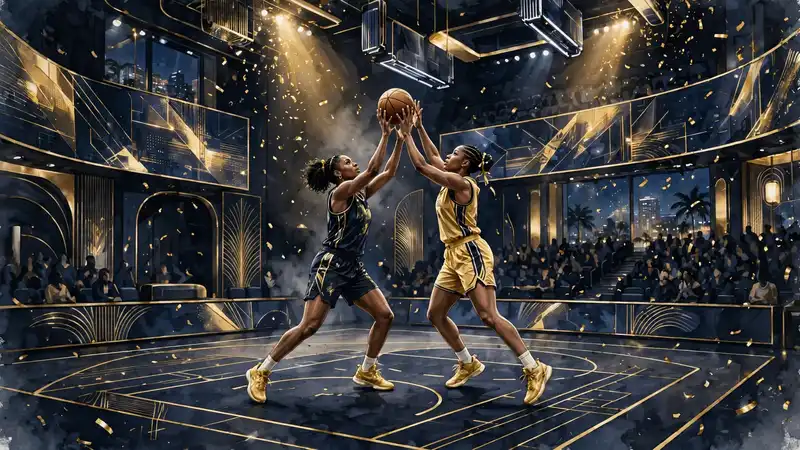 Illustrated women's basketball jump ball in a dark navy and gold arena, representing Kate Martin's Unrivaled 3-on-3 seasons with Laces BC