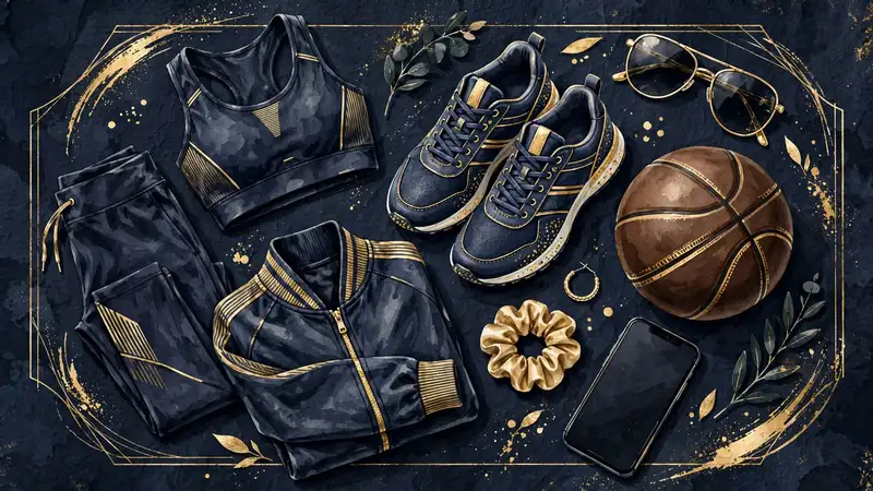 Illustrated flat-lay of basketball gear — sneakers, track jacket, sports bra, leggings, basketball and phone — representing Kate Martin's seven-brand endorsement portfolio