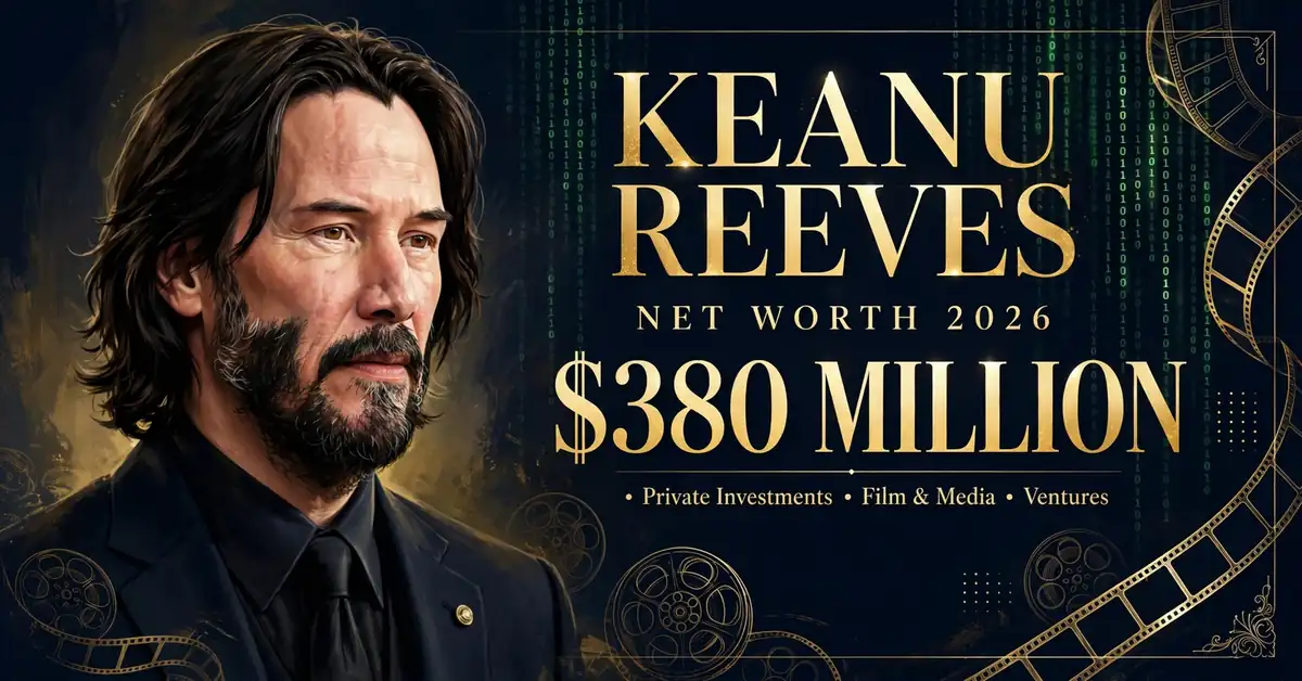 Keanu Reeves net worth 2026 — estimated $350 to $400 million fortune infographic