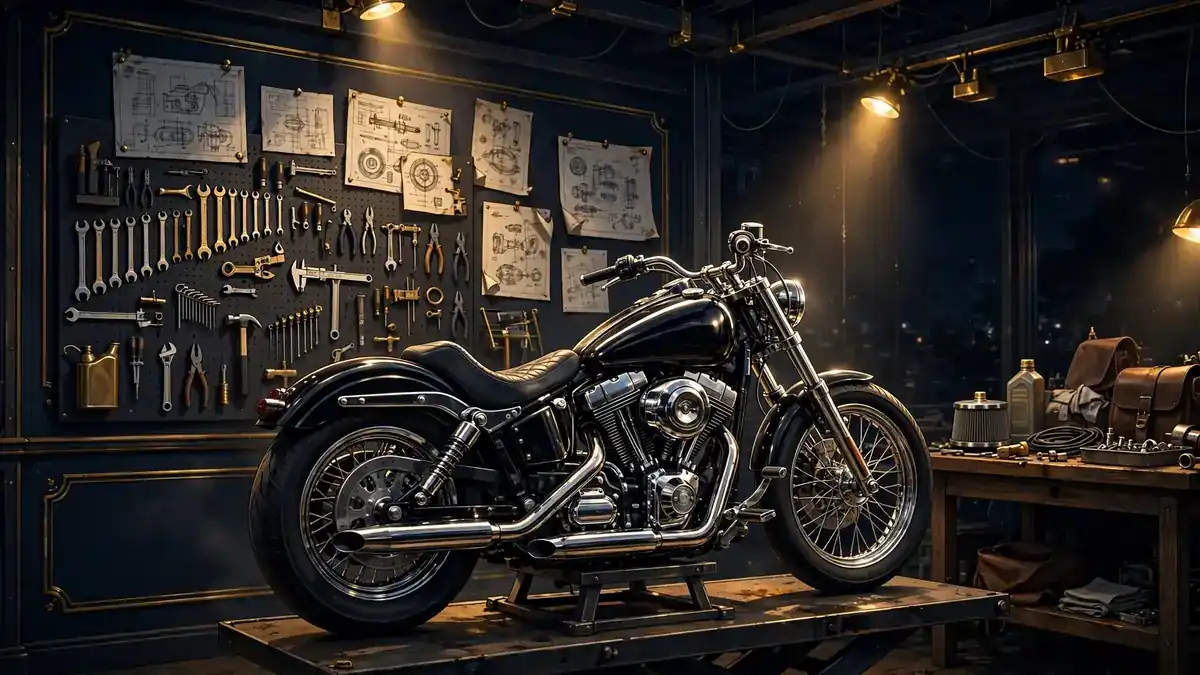 Handcrafted motorcycle workshop with a custom cruiser under golden lights, Arch Motorcycle style