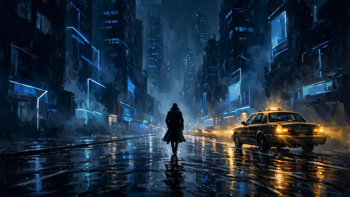 Rain-soaked neon city street at night in the style of a John Wick film scene