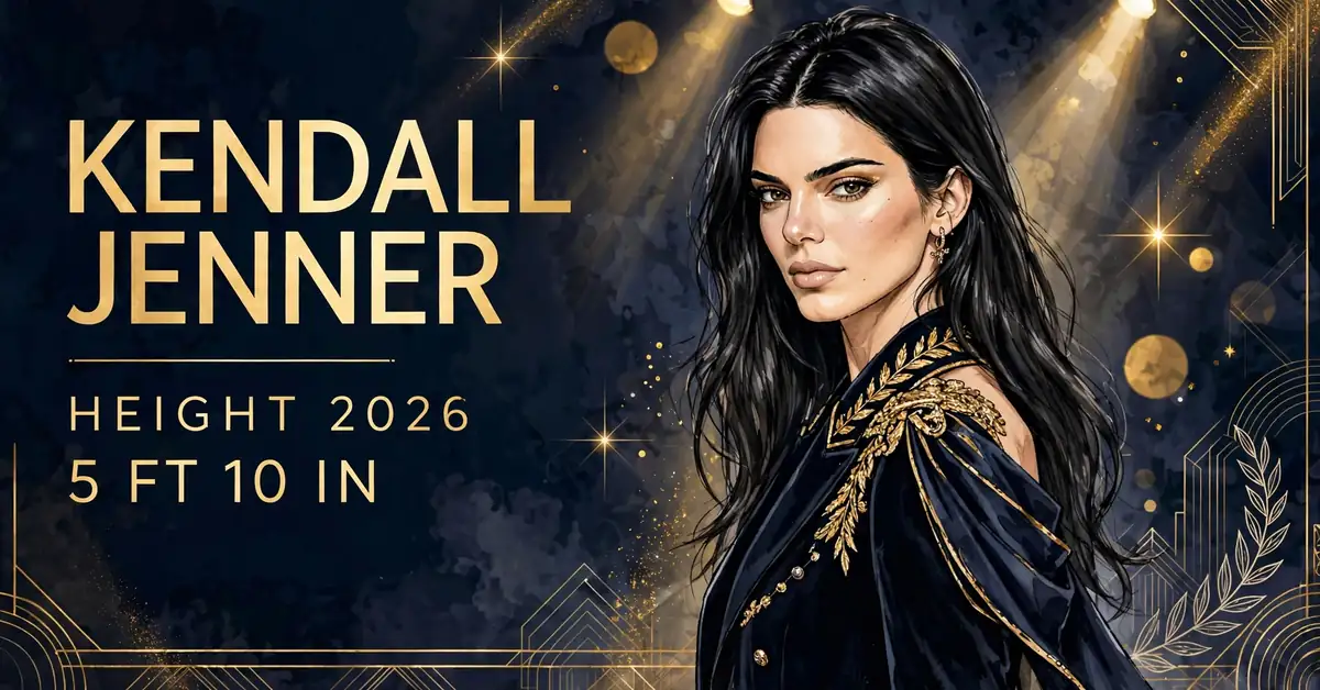 Kendall Jenner height 2026 — stylized illustrated portrait of the supermodel with KENDALL JENNER HEIGHT 2026 5 FT 10 IN text