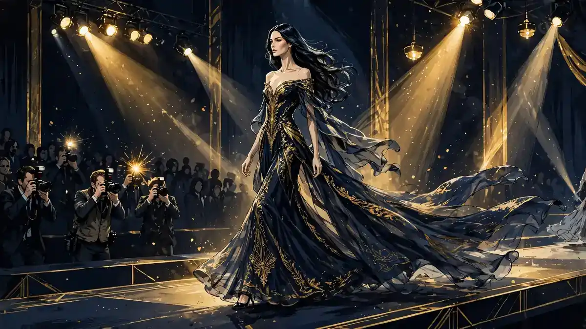 Illustrated supermodel in a flowing dark gown walking a high-fashion runway under golden spotlights, photographers in the foreground