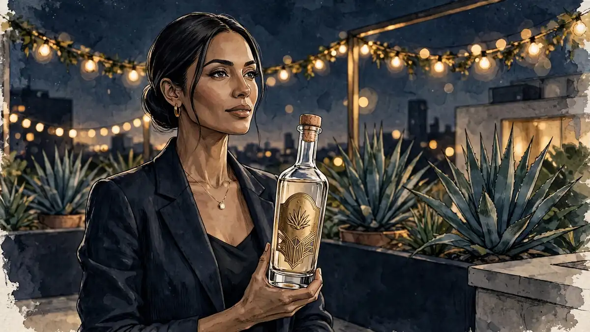 Illustrated elegant woman founder in a dark blazer holding a premium tequila bottle at a golden-hour rooftop event with agave plants and string lights