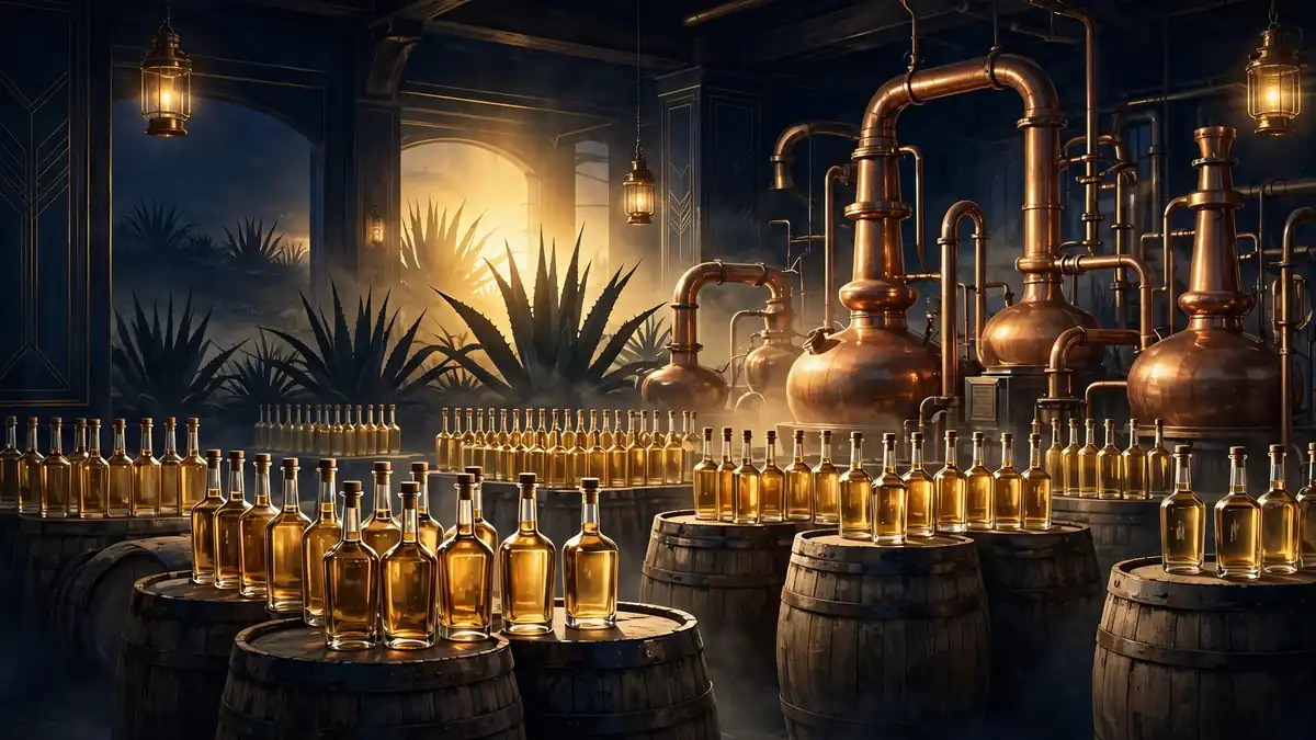 Illustration of a premium tequila distillery at night with golden bottles and agave, tied to Kendall Jenner's 818 Tequila business