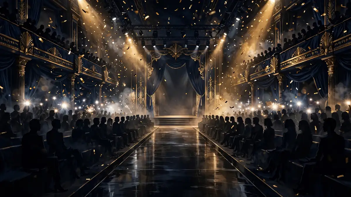Illustration of a glamorous fashion runway at night with spotlights and gold confetti, tied to Kendall Jenner's modeling career