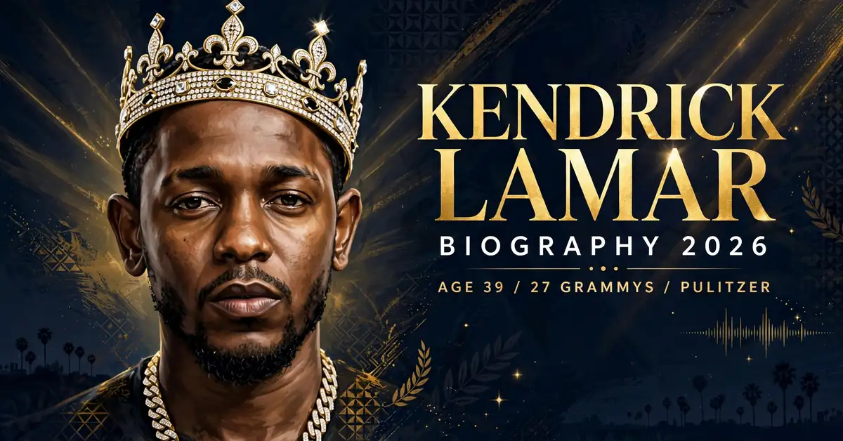 Kendrick Lamar biography 2026 — illustrated portrait of the 39-year-old rapper: 27 Grammys, Pulitzer Prize, estimated $200M fortune