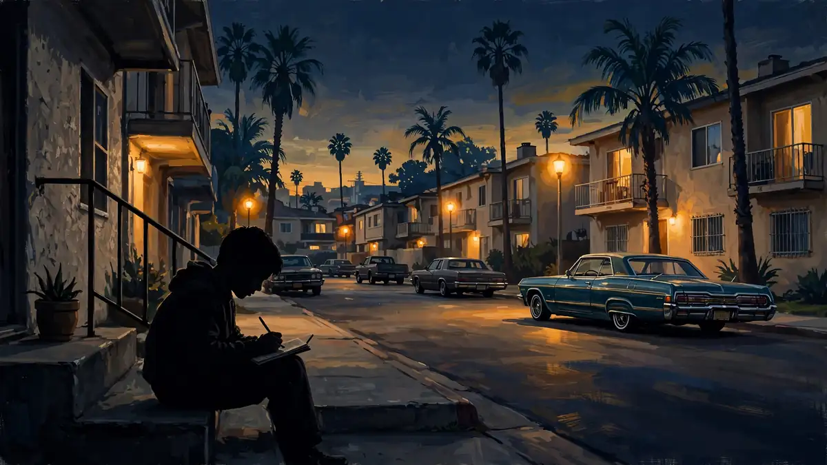 Illustration of a young boy writing lyrics on a Compton stoop at dusk, the city of Kendrick Lamar's childhood