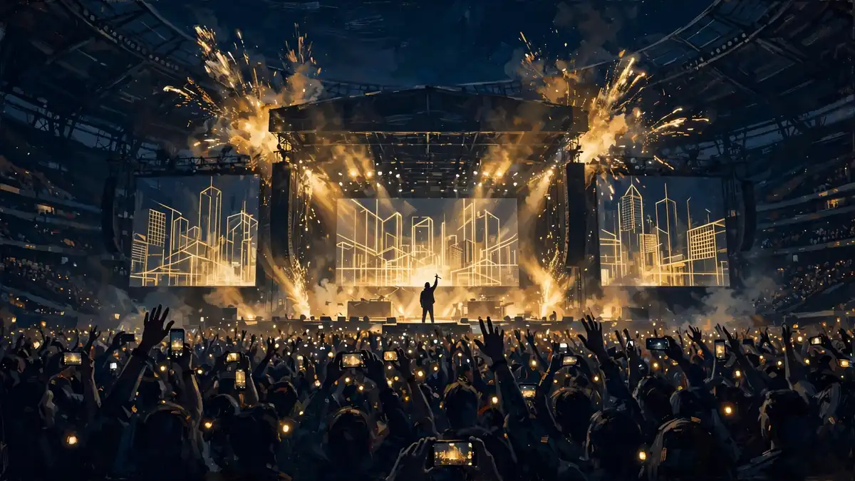 Illustration of a massive stadium concert at night with golden pyrotechnics, Kendrick Lamar's Grand National Tour and Super Bowl era