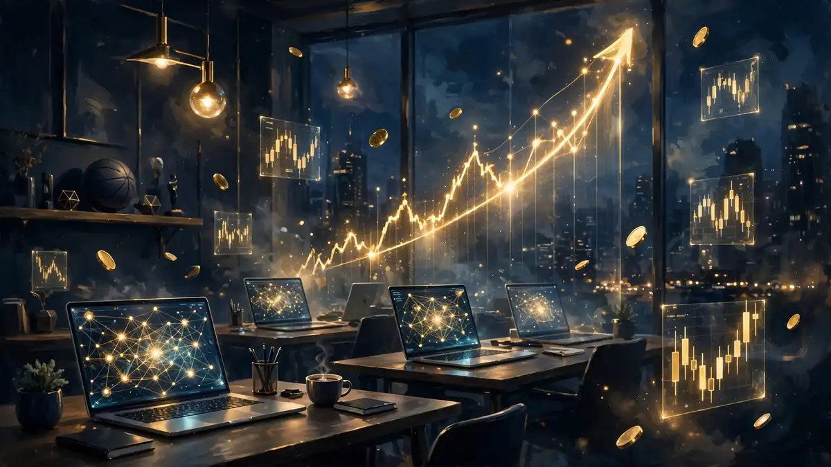 Illustrated night scene of a startup investment office with glowing charts and neural network screens