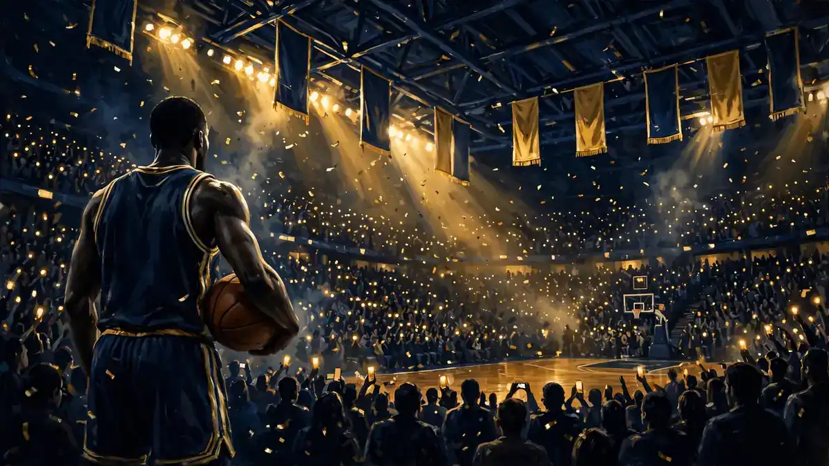 Illustrated night scene of a packed basketball arena with dramatic floodlights