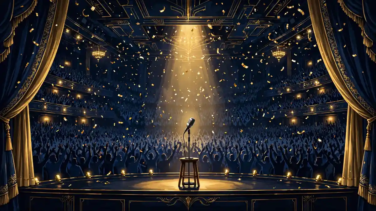 Illustrated packed comedy arena with a lone microphone under a golden spotlight, tying to Kevin Hart's touring income
