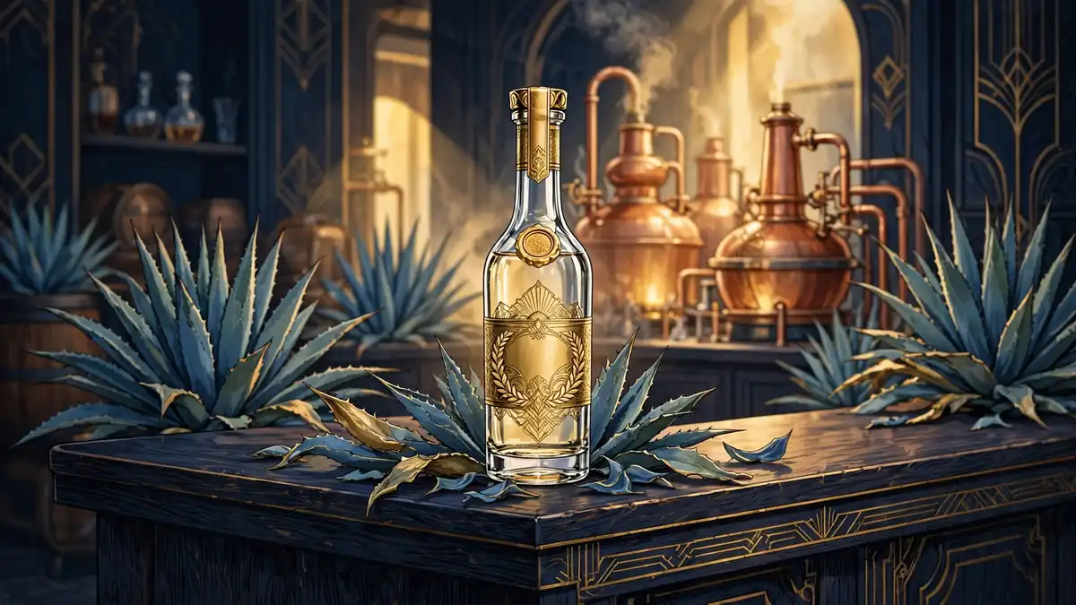 Illustrated premium tequila distillery scene with a gold-labeled bottle, tying to Kevin Hart's Gran Coramino brand