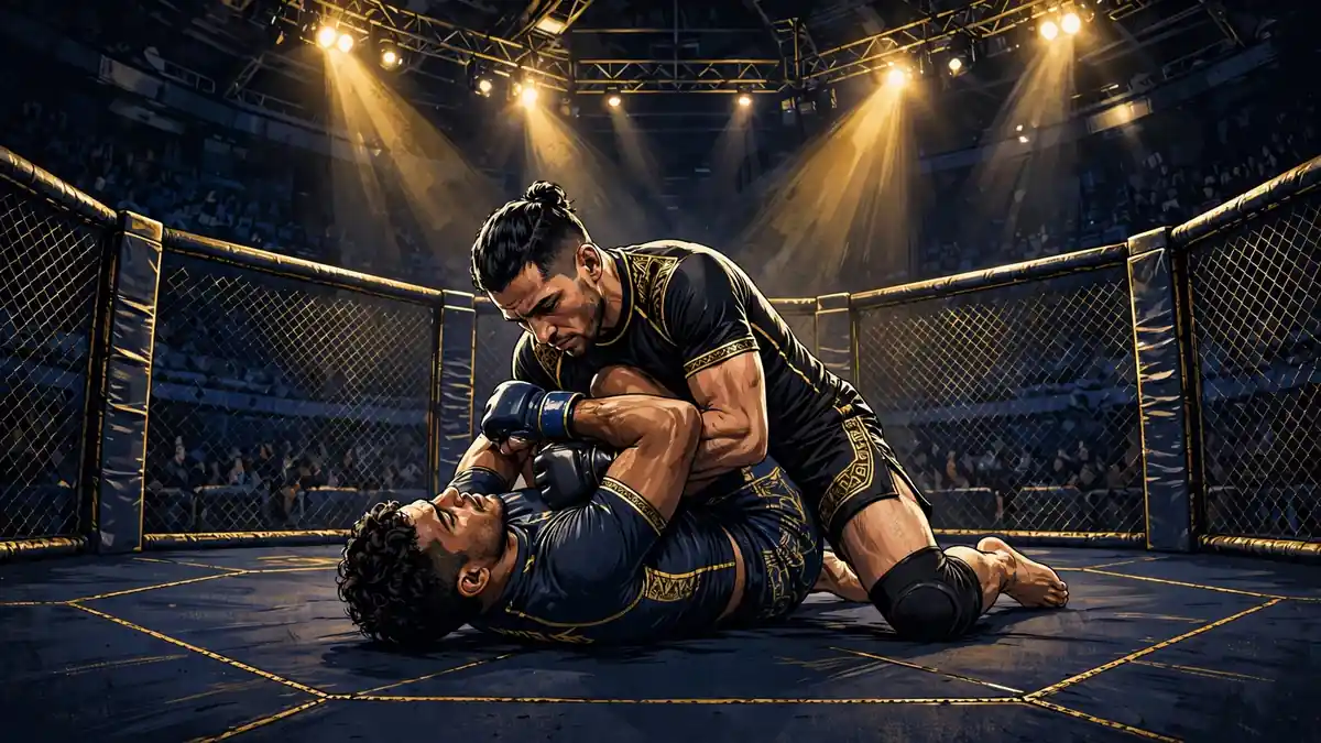 Illustrated fighter applying a grappling hold inside an octagon cage under arena lights