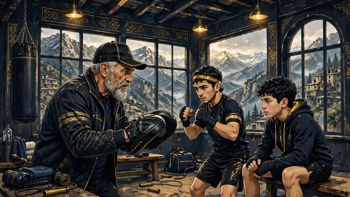 Illustrated coach working with young fighters in a mountain gym