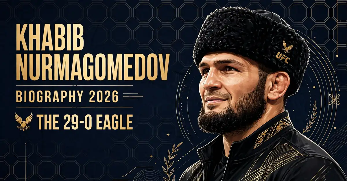Khabib Nurmagomedov biography 2026 — stylized illustrated portrait of the former UFC lightweight champion in a papakha hat, KHABIB NURMAGOMEDOV BIOGRAPHY 2026 THE 29-0 EAGLE text