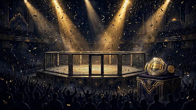 Illustrated UFC octagon arena at night with a championship belt on a pedestal, gold confetti falling over the crowd