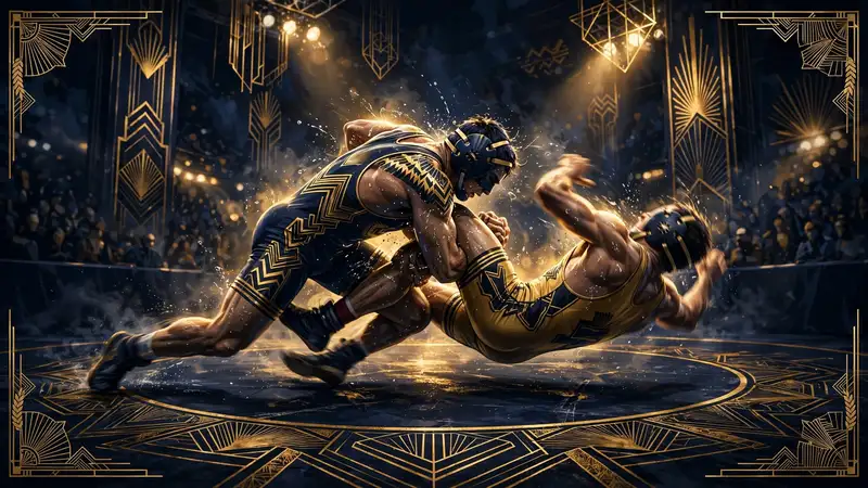 Illustrated freestyle wrestling match in an ornate arena, two wrestlers grappling on the mat under golden lights