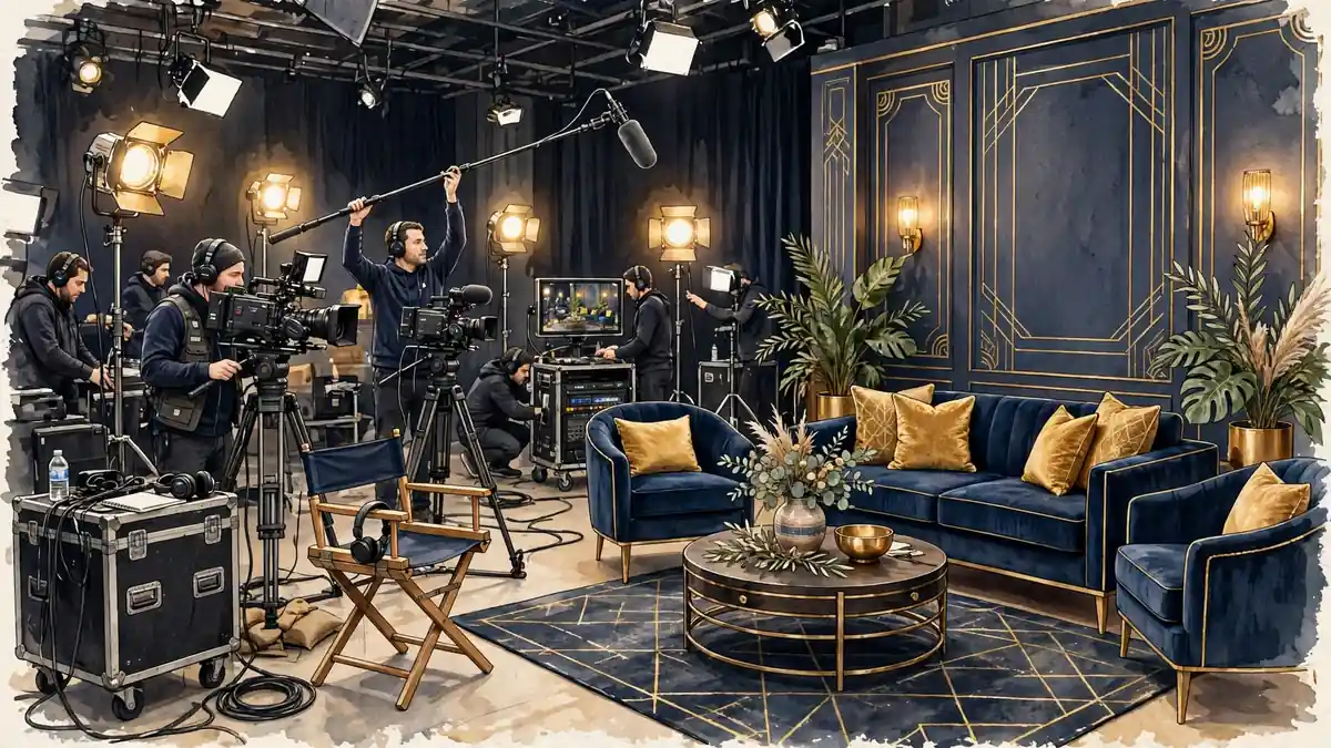 Illustrated reality television set with cameras, studio lights and a glamorous living-room interview setup