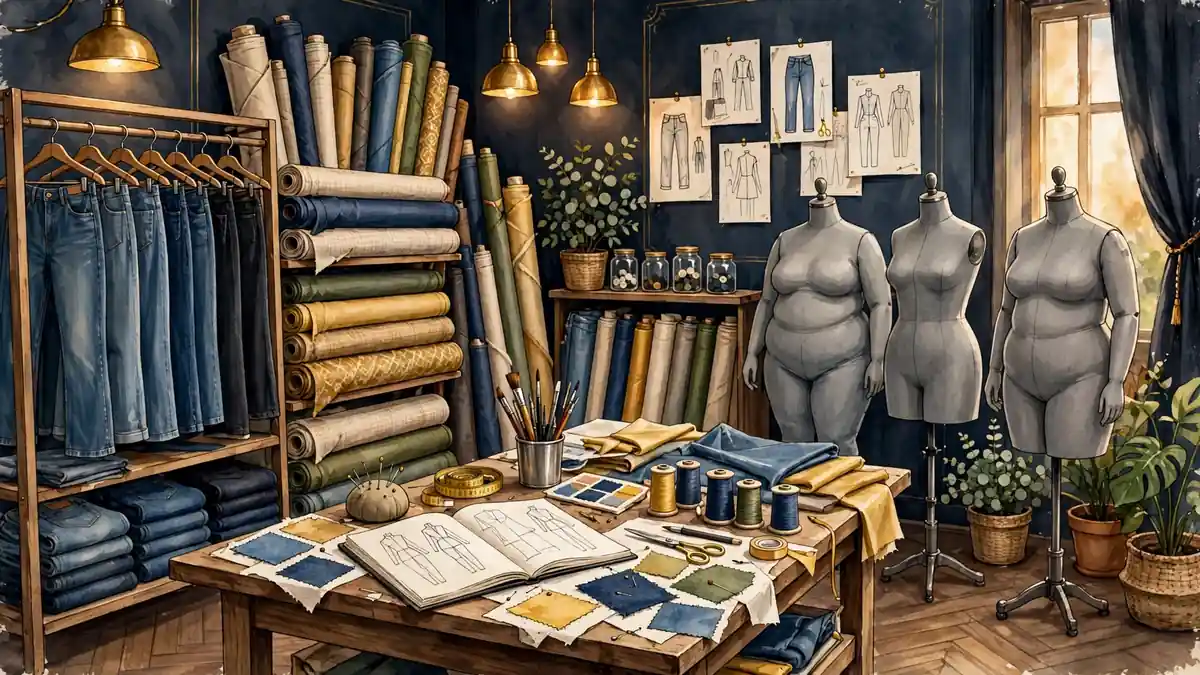 Illustrated fashion design atelier with denim jeans, fabric rolls and inclusive-size mannequins