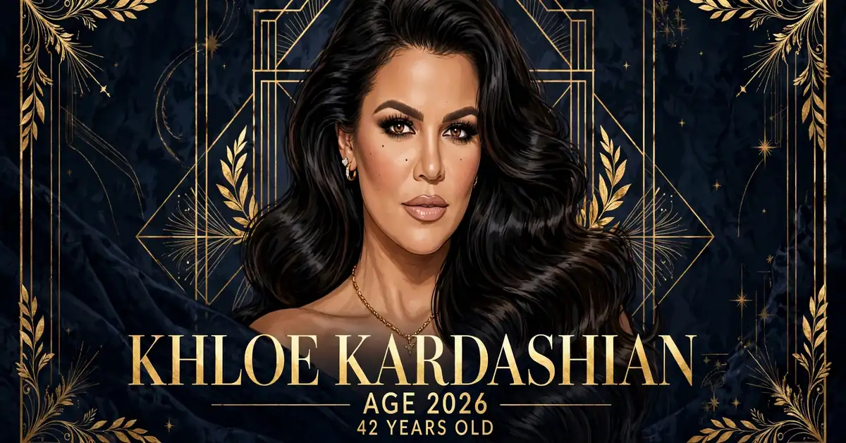 Khloe Kardashian age 2026 — stylized illustrated portrait of Khloe Kardashian, KHLOE KARDASHIAN AGE 2026 42 YEARS OLD text