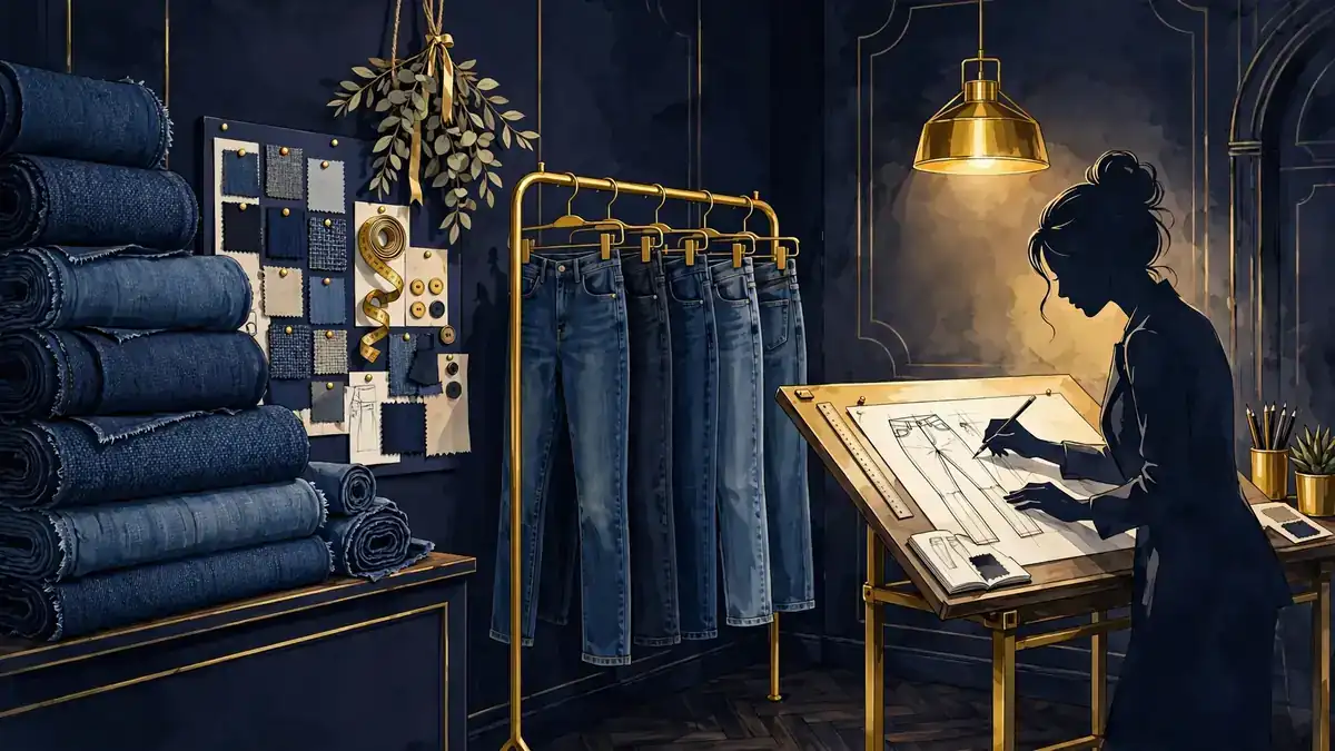Good American denim design studio illustration in navy and gold