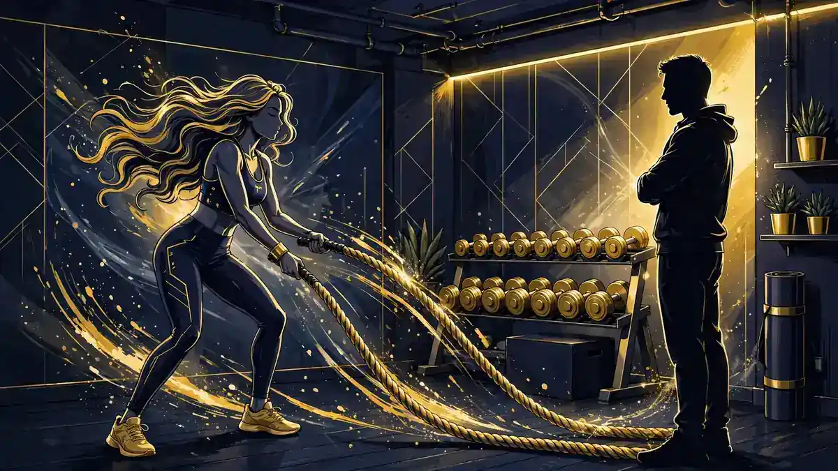 Revenge Body-style fitness training illustration in navy and gold
