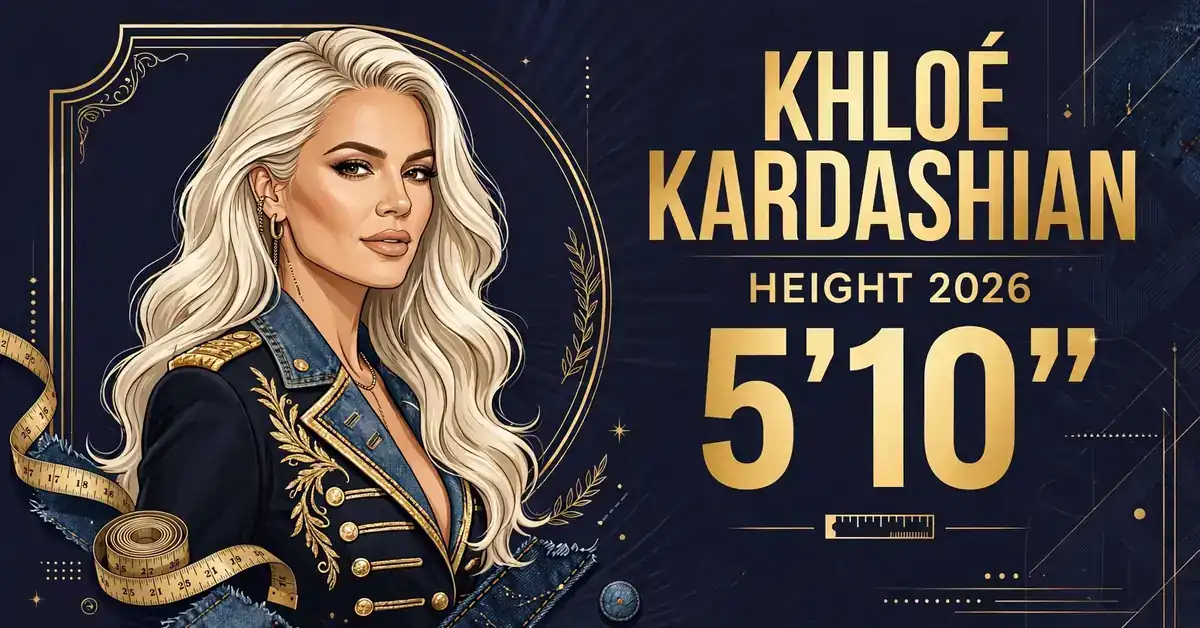 Khloé Kardashian height 2026 — 5 feet 10 inches illustrated portrait infographic