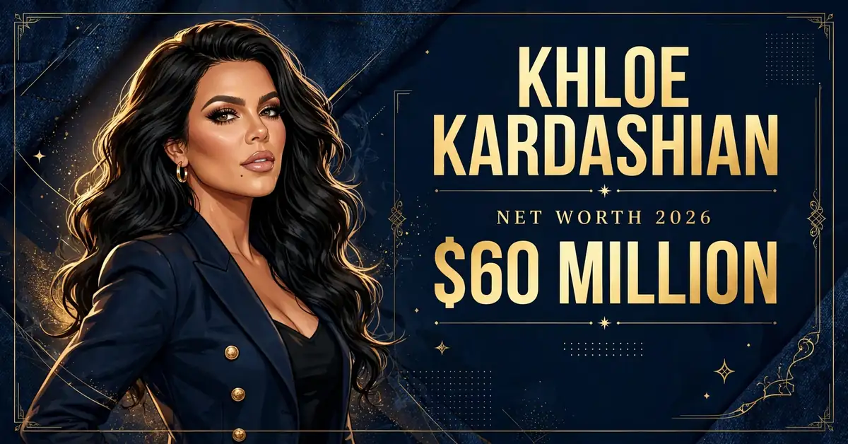 Khloe Kardashian net worth 2026 — estimated $60 to $80 million fortune infographic