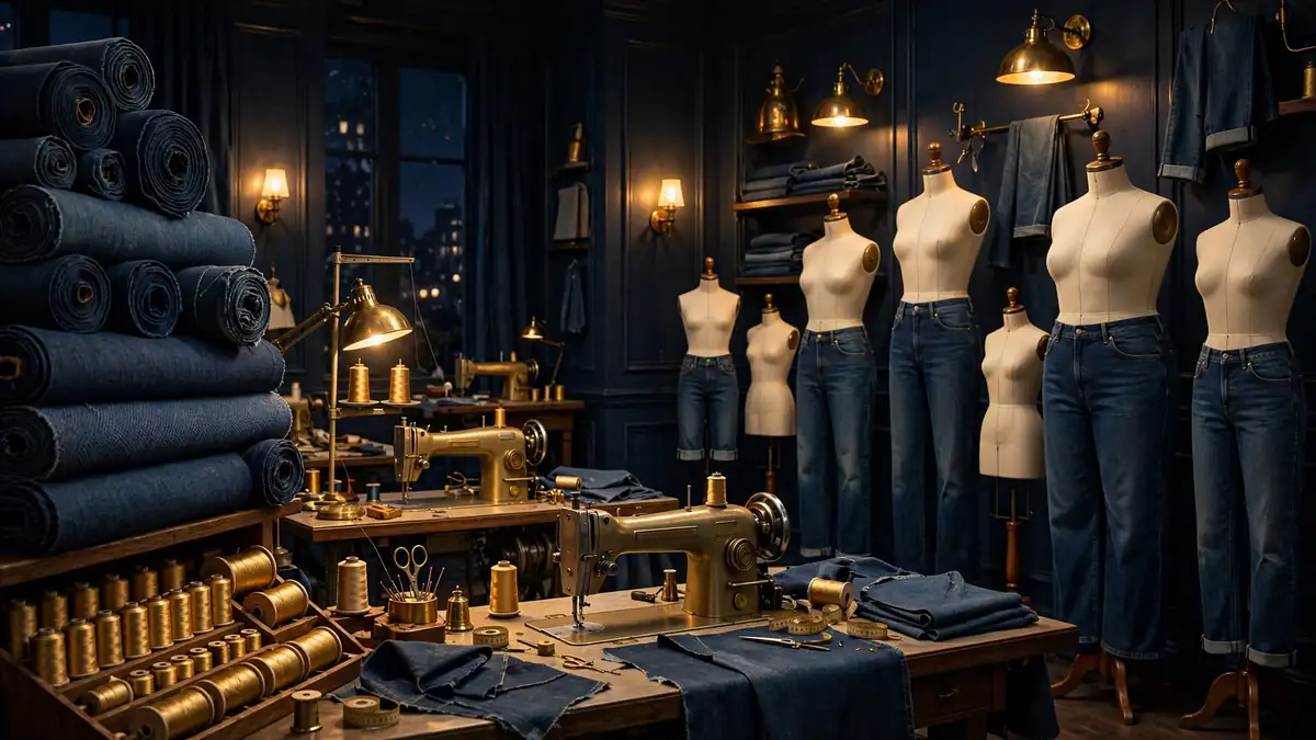 Denim atelier scene illustrating Good American's inclusive-sizing fashion operation