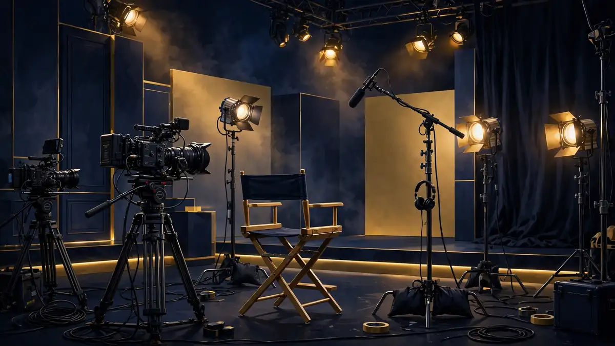 Illustration of a reality television production set with cameras and stage lighting in gold and navy