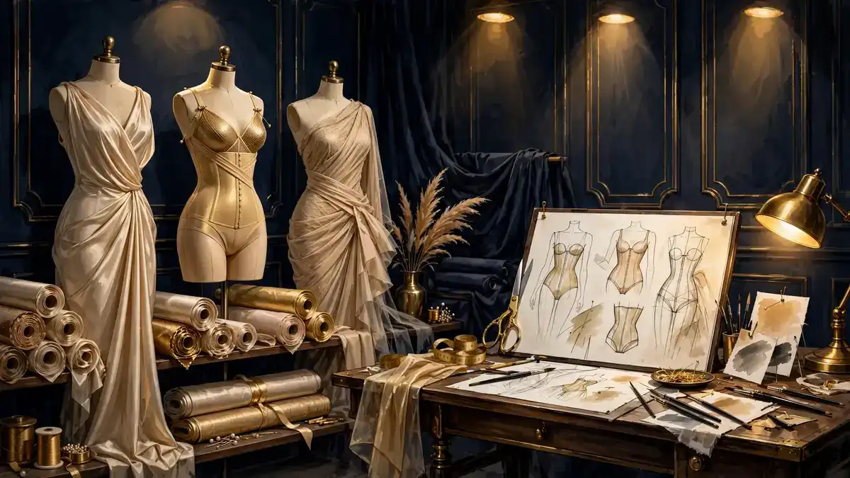 Illustration of a high-fashion atelier with dress forms, fabric rolls, and design sketches in gold and navy