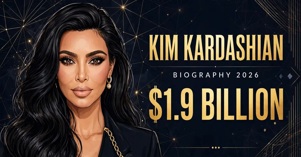 Kim Kardashian biography 2026 — estimated $1.7 to $1.9 billion fortune infographic