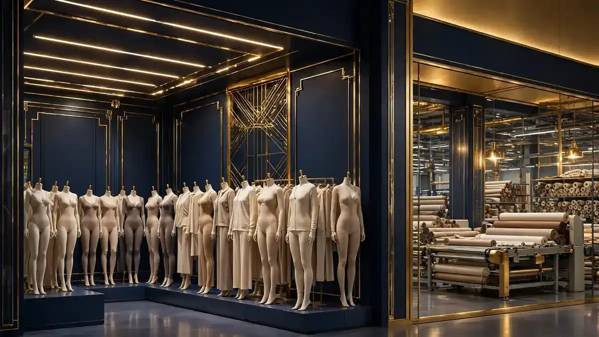 Illustrated Skims-style flagship store and garment factory with mannequins in neutral shapewear