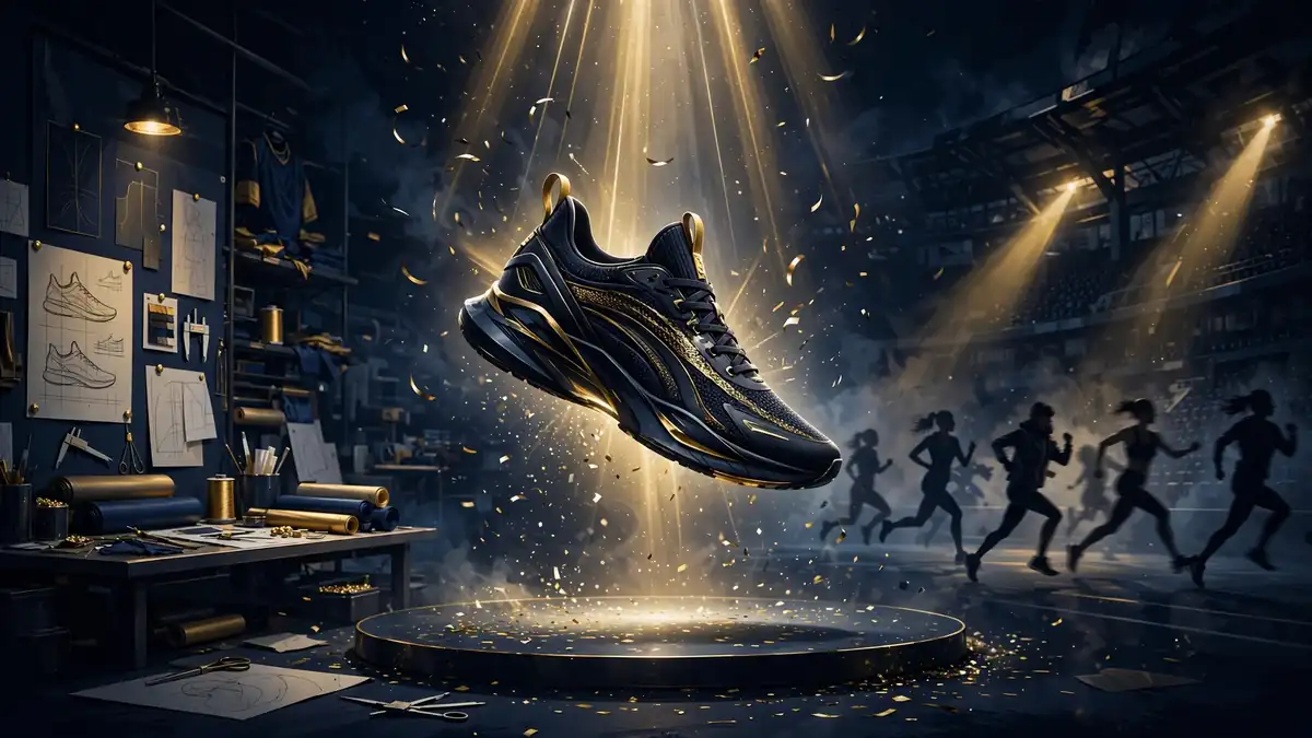 Illustrated night-time sneaker design studio with a floating athletic shoe under golden spotlights